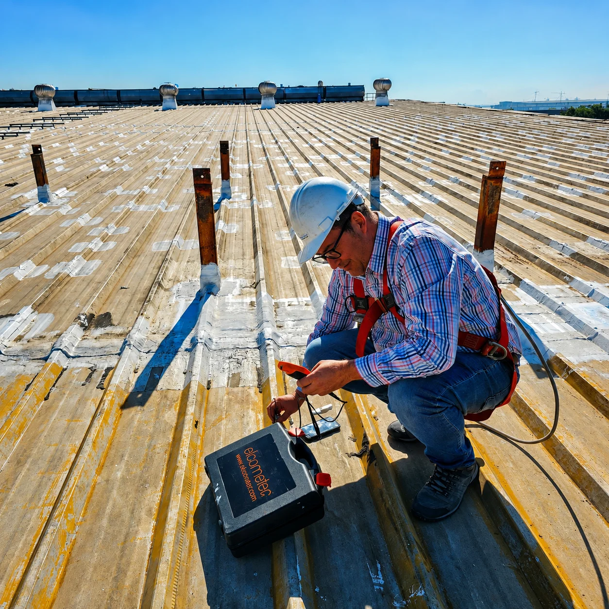 Técnico de Disalva SpA realizando inspección técnica en cubierta industrial